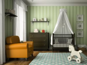 Classic children room with green stripes wall 3D rendering