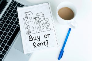 Buying or renting decision concept, with buildings sketch, for real estates, investments, savings, property and mortgage concepts, or for other uses.